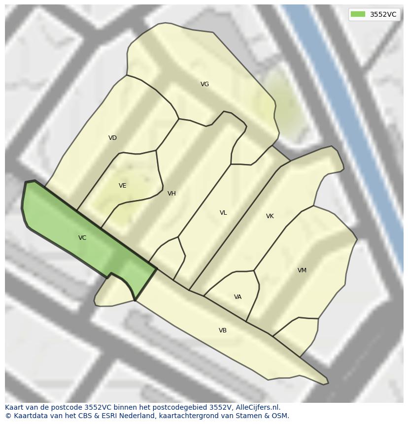Afbeelding van het postcodegebied 3552 VC op de kaart.