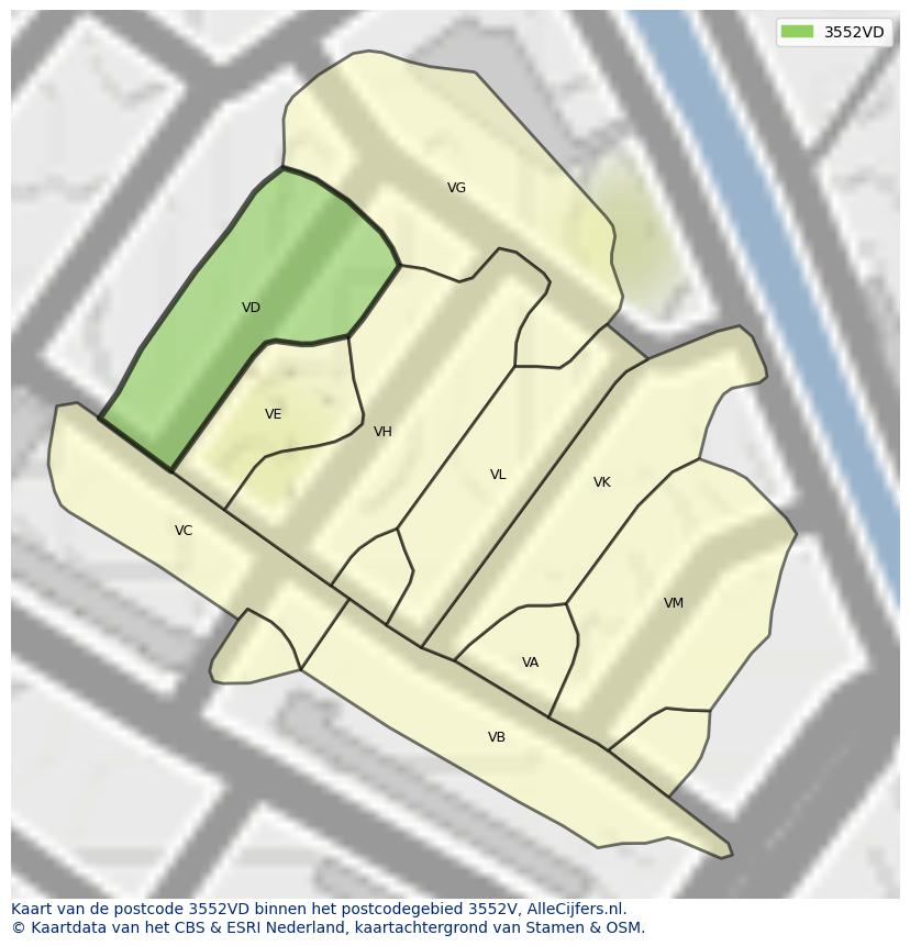Afbeelding van het postcodegebied 3552 VD op de kaart.