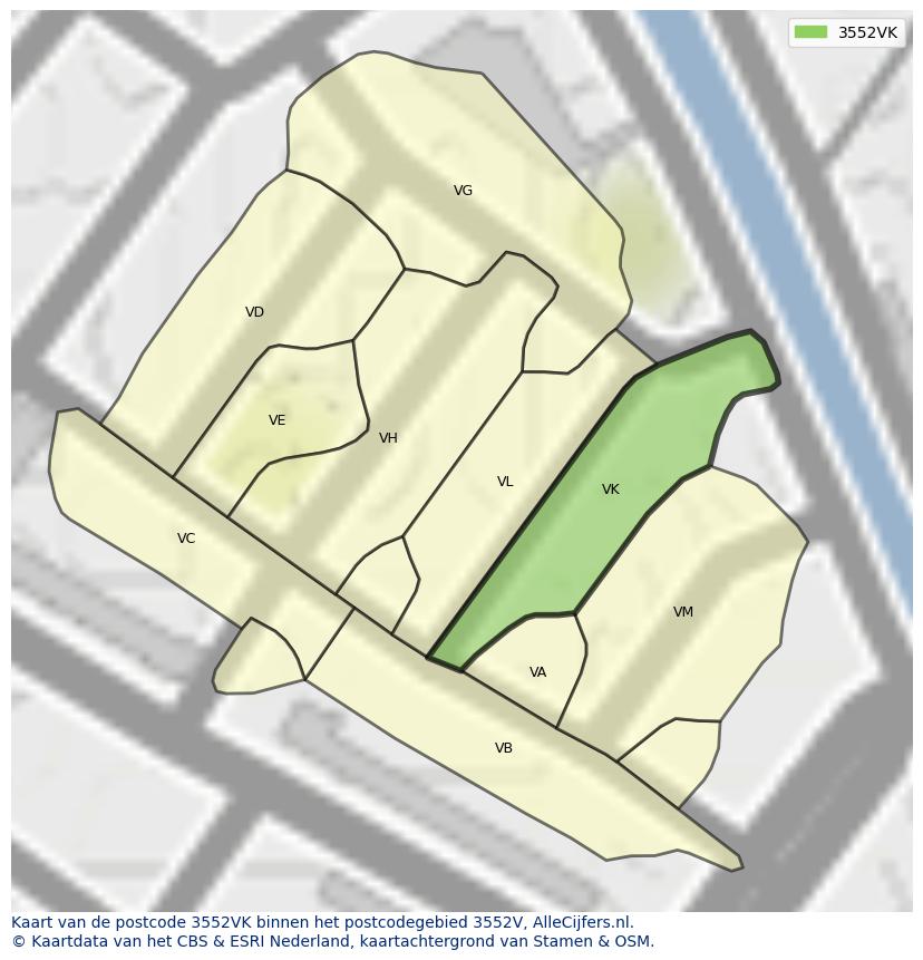 Afbeelding van het postcodegebied 3552 VK op de kaart.