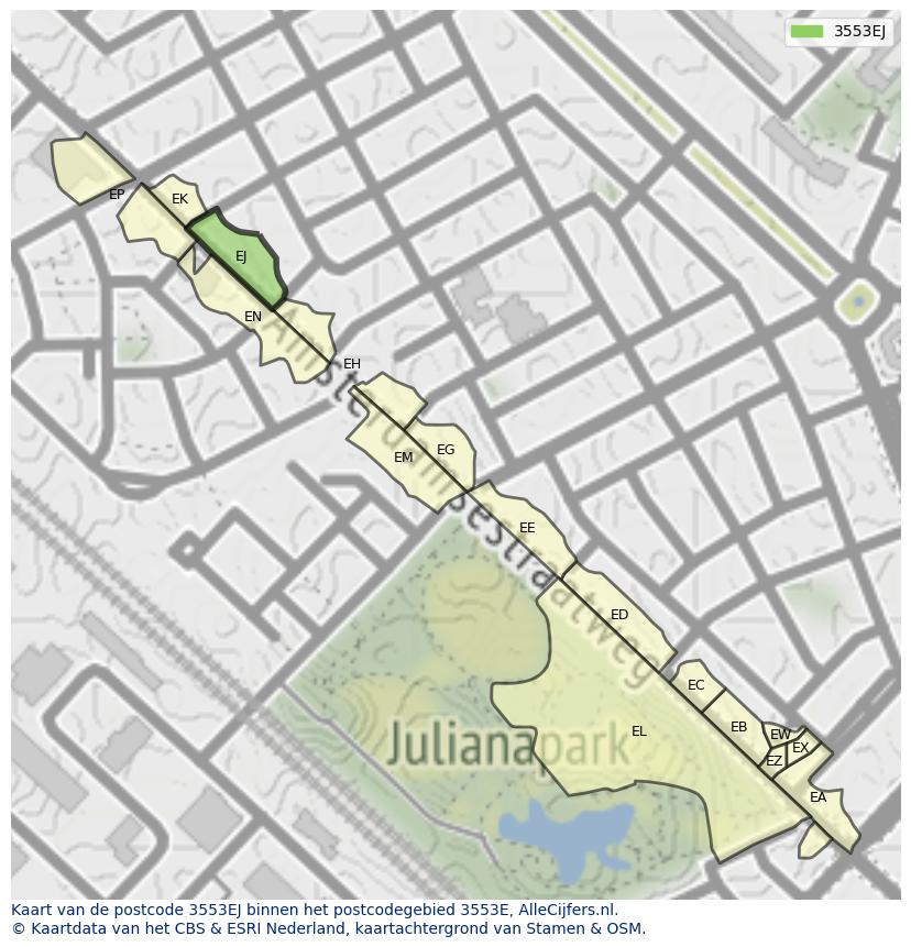 Afbeelding van het postcodegebied 3553 EJ op de kaart.