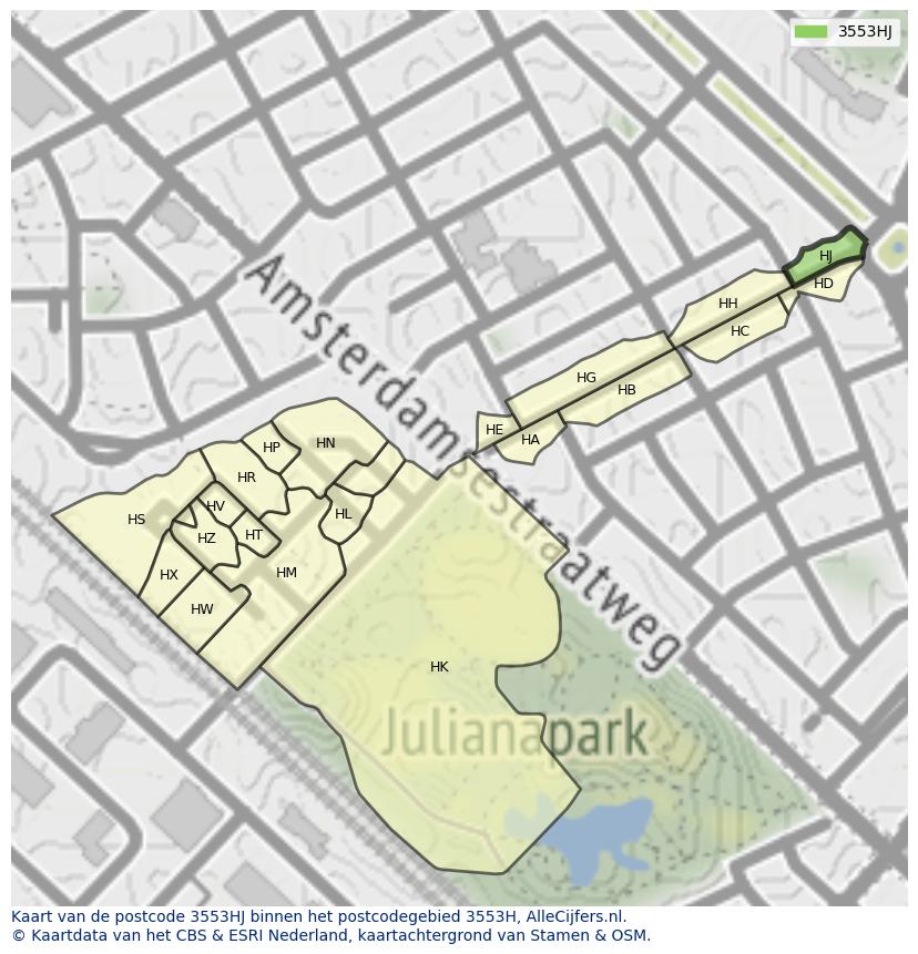 Afbeelding van het postcodegebied 3553 HJ op de kaart.