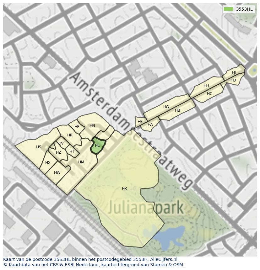 Afbeelding van het postcodegebied 3553 HL op de kaart.