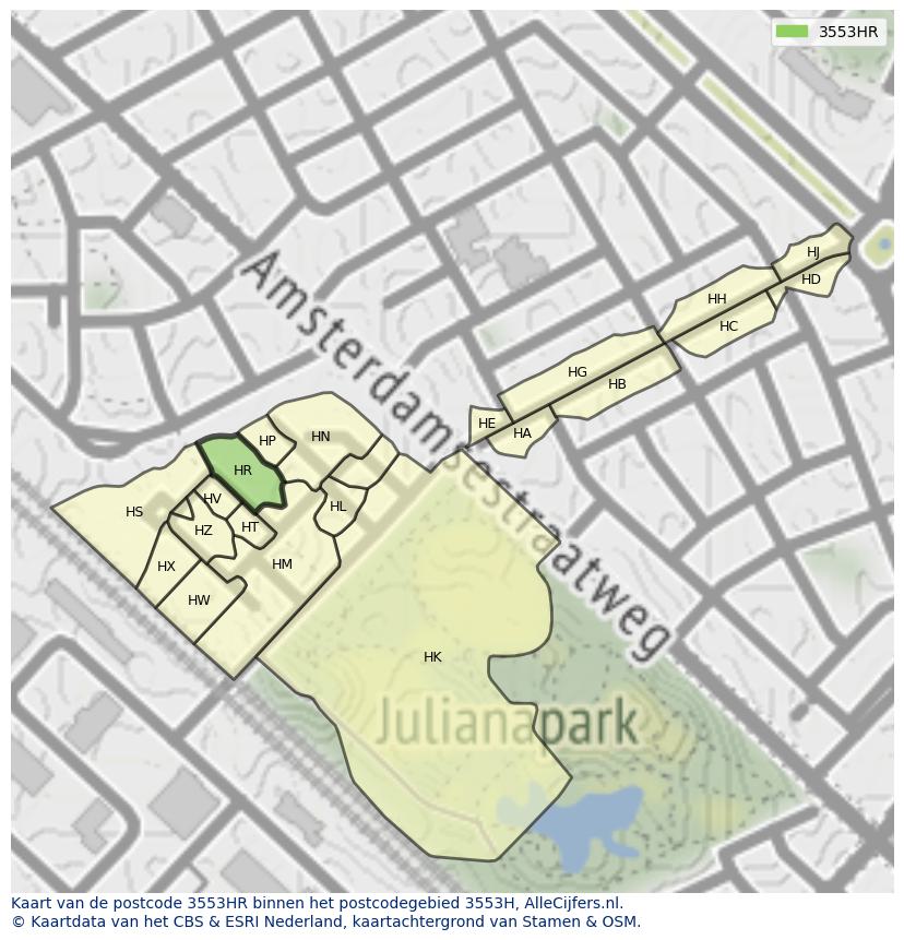 Afbeelding van het postcodegebied 3553 HR op de kaart.