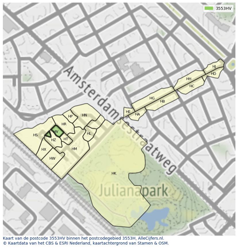 Afbeelding van het postcodegebied 3553 HV op de kaart.