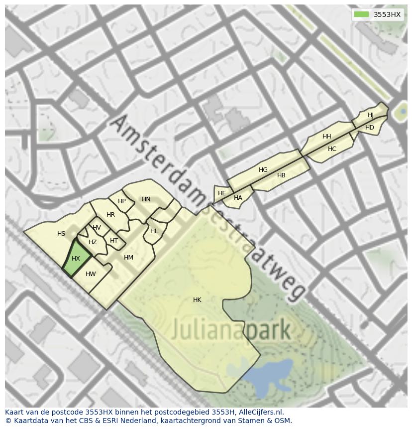 Afbeelding van het postcodegebied 3553 HX op de kaart.