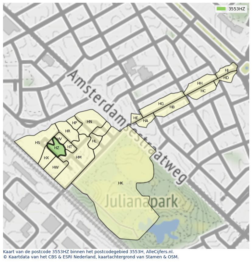 Afbeelding van het postcodegebied 3553 HZ op de kaart.
