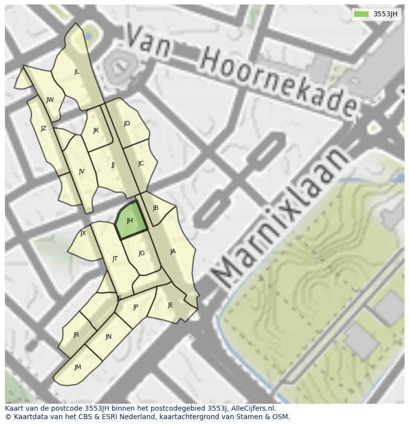 Afbeelding van het postcodegebied 3553 JH op de kaart.