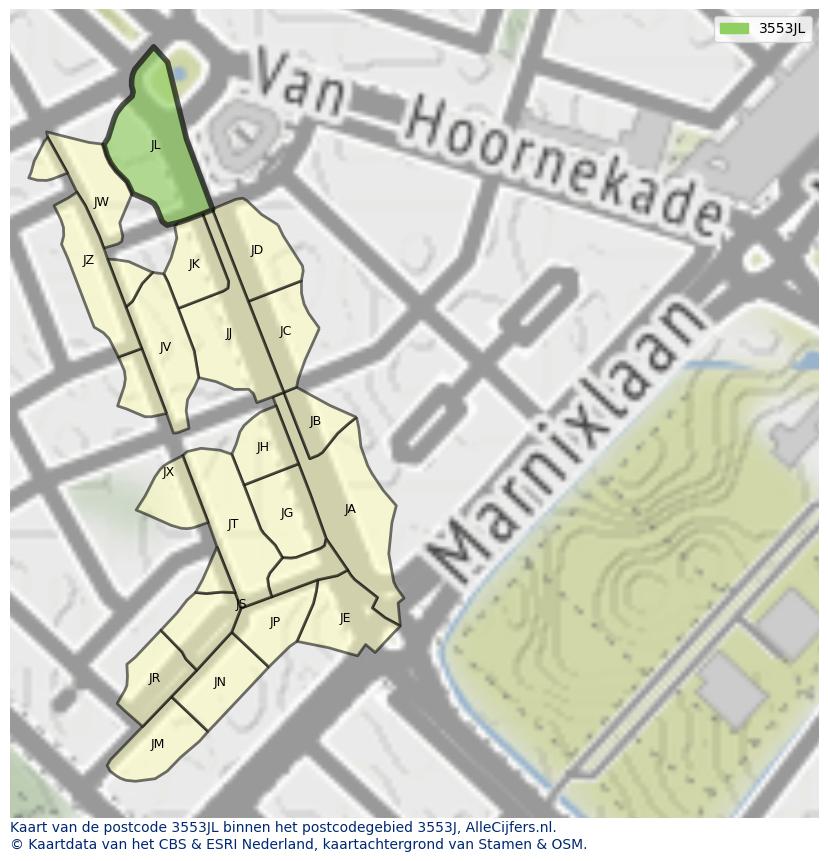 Afbeelding van het postcodegebied 3553 JL op de kaart.