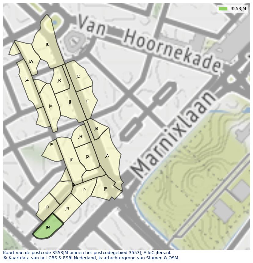 Afbeelding van het postcodegebied 3553 JM op de kaart.