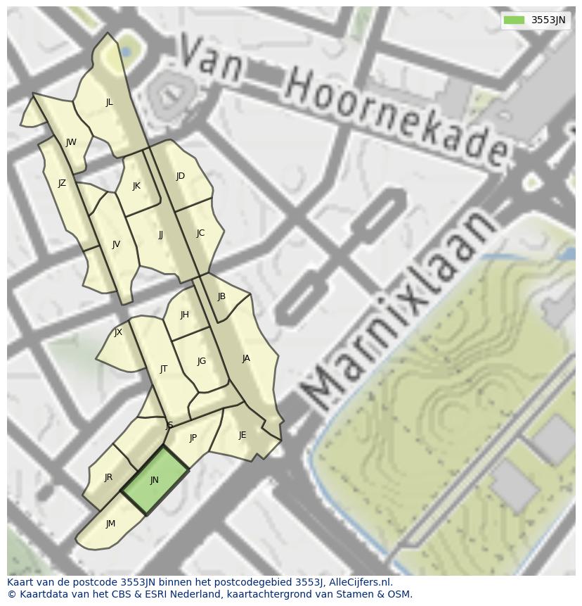 Afbeelding van het postcodegebied 3553 JN op de kaart.