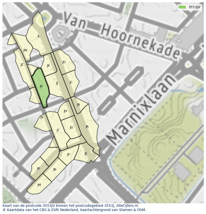 Afbeelding van het postcodegebied 3553 JV op de kaart.