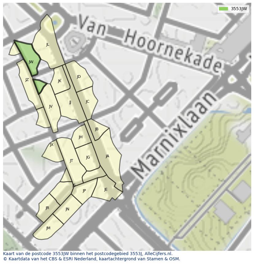 Afbeelding van het postcodegebied 3553 JW op de kaart.
