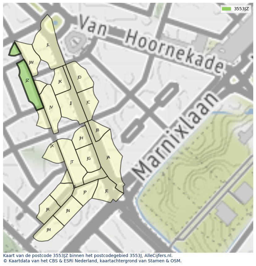 Afbeelding van het postcodegebied 3553 JZ op de kaart.