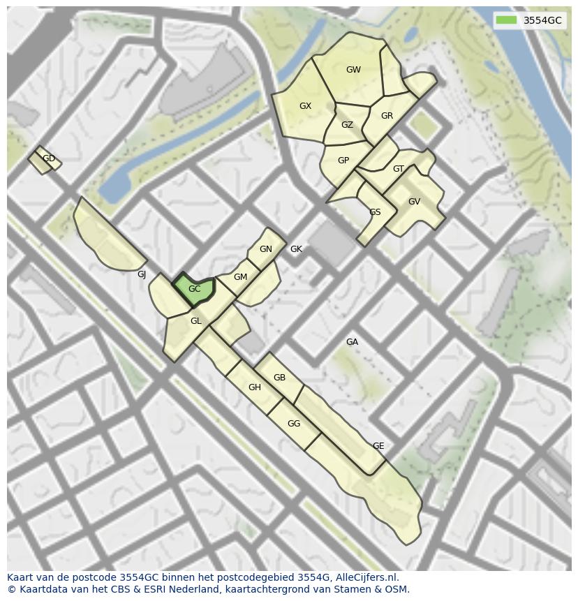 Afbeelding van het postcodegebied 3554 GC op de kaart.