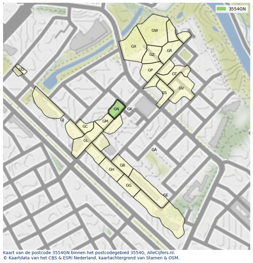 Afbeelding van het postcodegebied 3554 GN op de kaart.