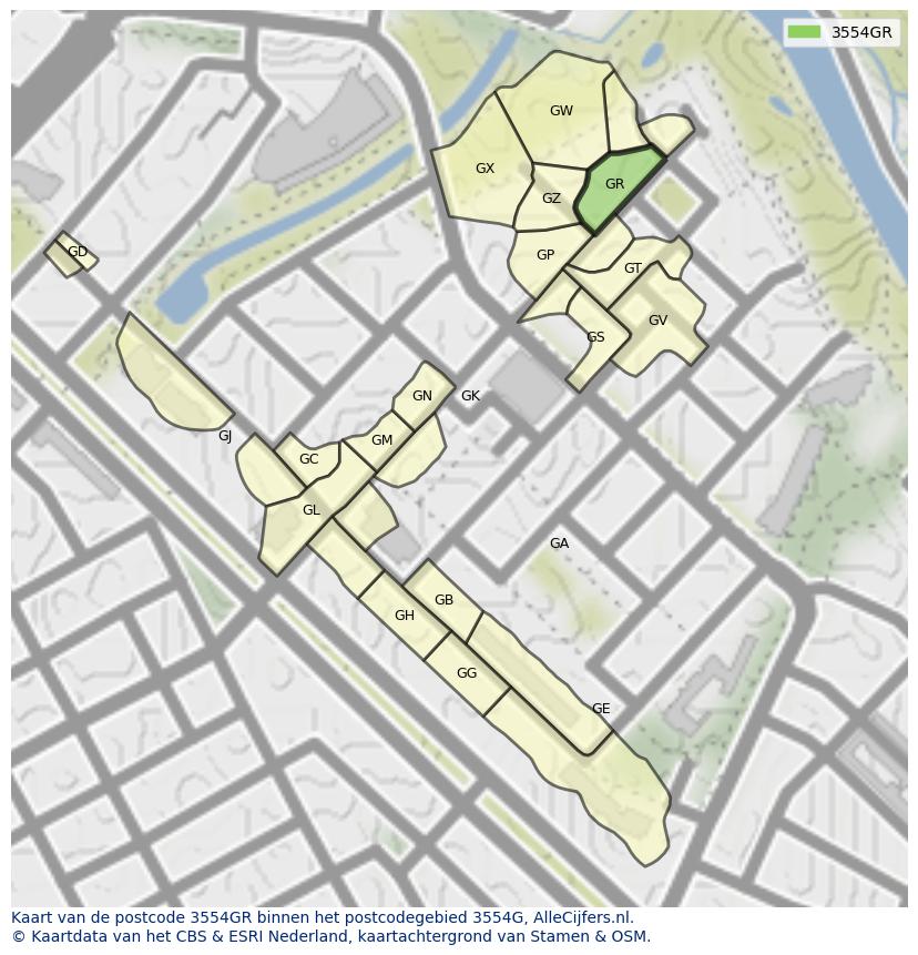 Afbeelding van het postcodegebied 3554 GR op de kaart.