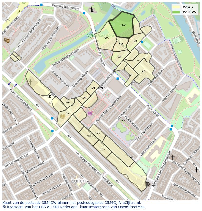 Afbeelding van het postcodegebied 3554 GW op de kaart.