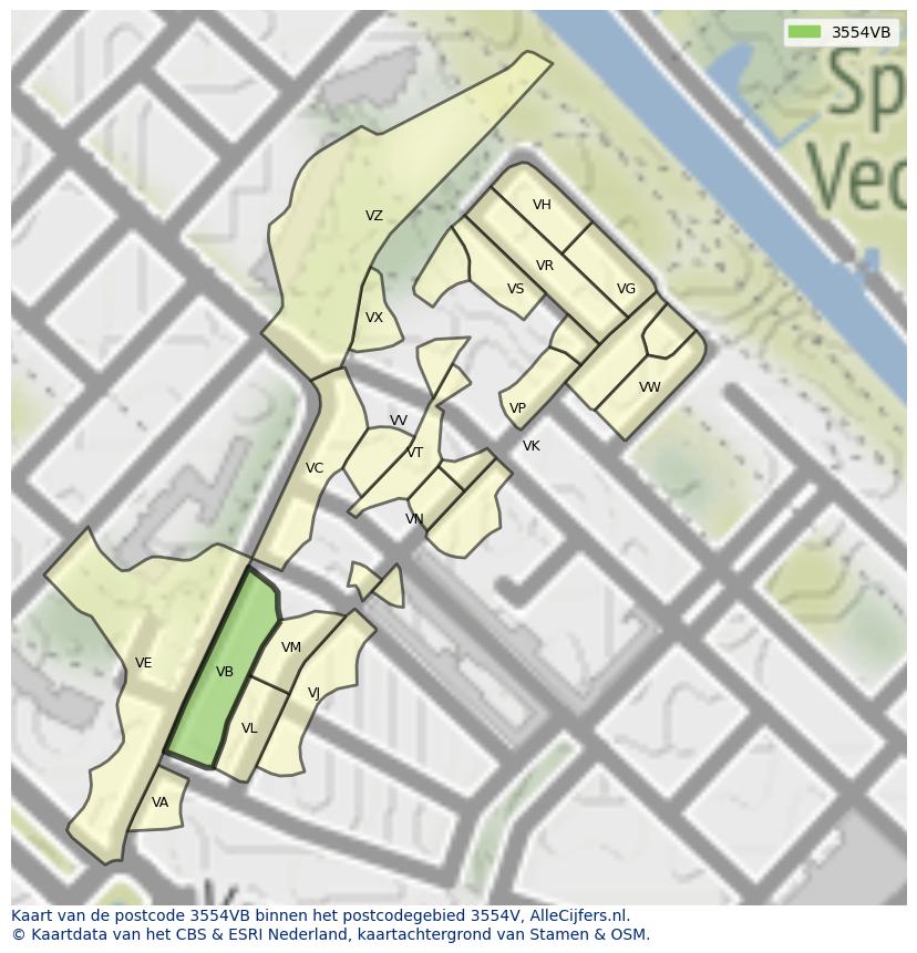 Afbeelding van het postcodegebied 3554 VB op de kaart.