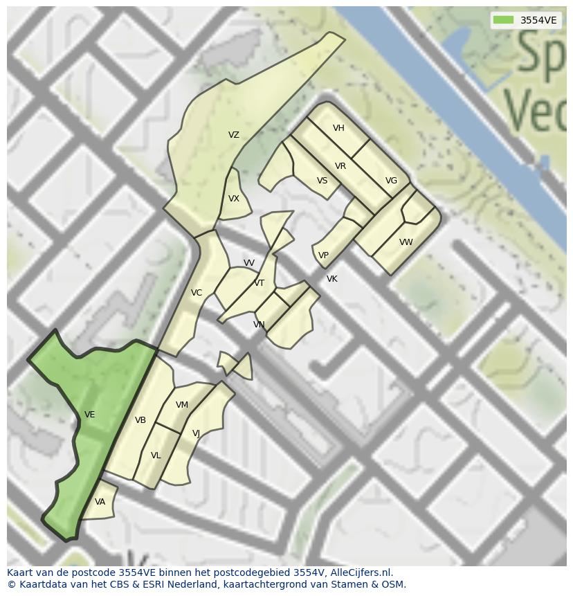 Afbeelding van het postcodegebied 3554 VE op de kaart.