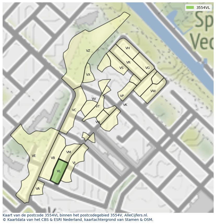 Afbeelding van het postcodegebied 3554 VL op de kaart.