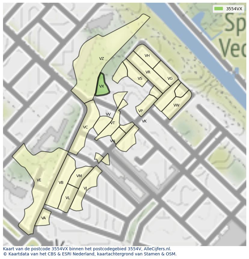 Afbeelding van het postcodegebied 3554 VX op de kaart.
