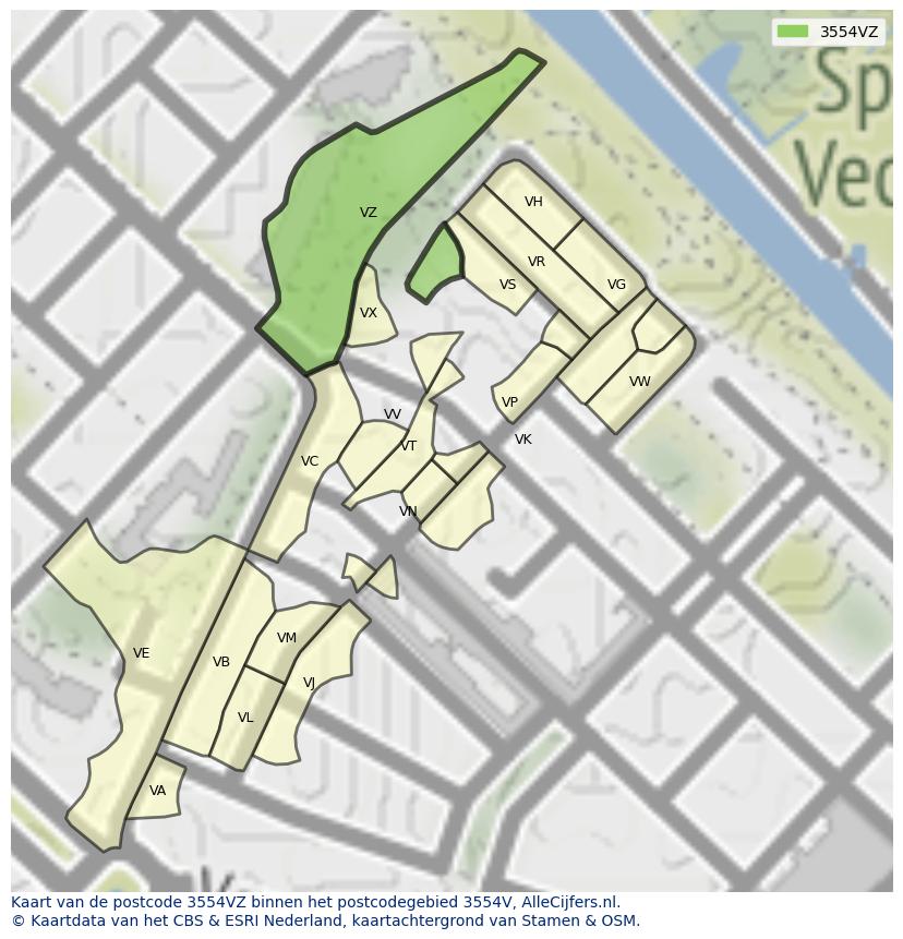 Afbeelding van het postcodegebied 3554 VZ op de kaart.