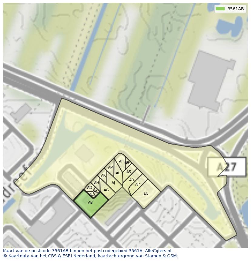 Afbeelding van het postcodegebied 3561 AB op de kaart.