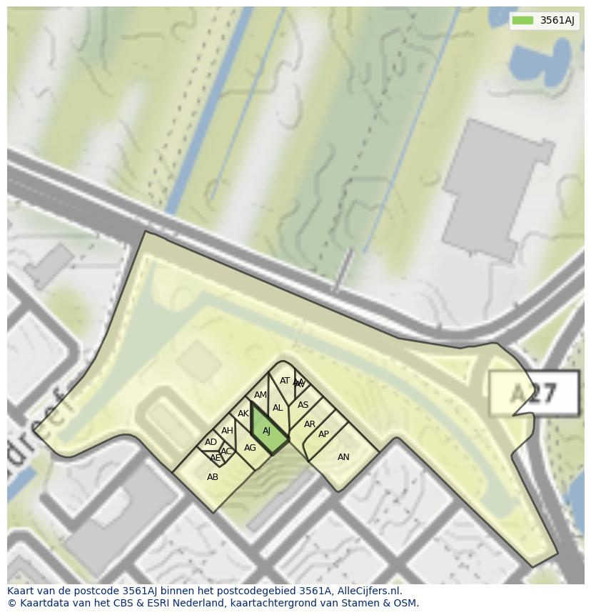 Afbeelding van het postcodegebied 3561 AJ op de kaart.