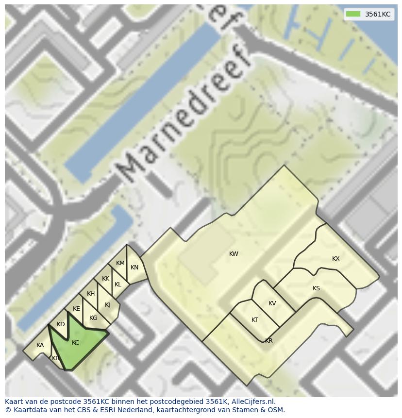 Afbeelding van het postcodegebied 3561 KC op de kaart.