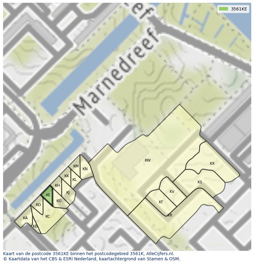Afbeelding van het postcodegebied 3561 KE op de kaart.