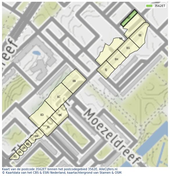 Afbeelding van het postcodegebied 3562 ET op de kaart.