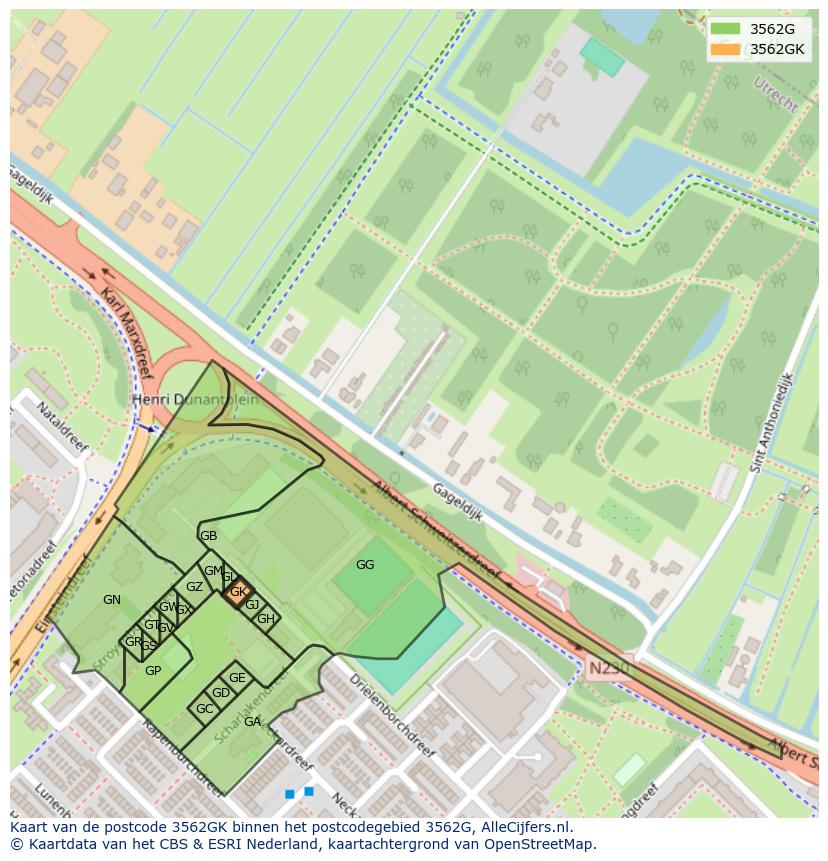 Afbeelding van het postcodegebied 3562 GK op de kaart.