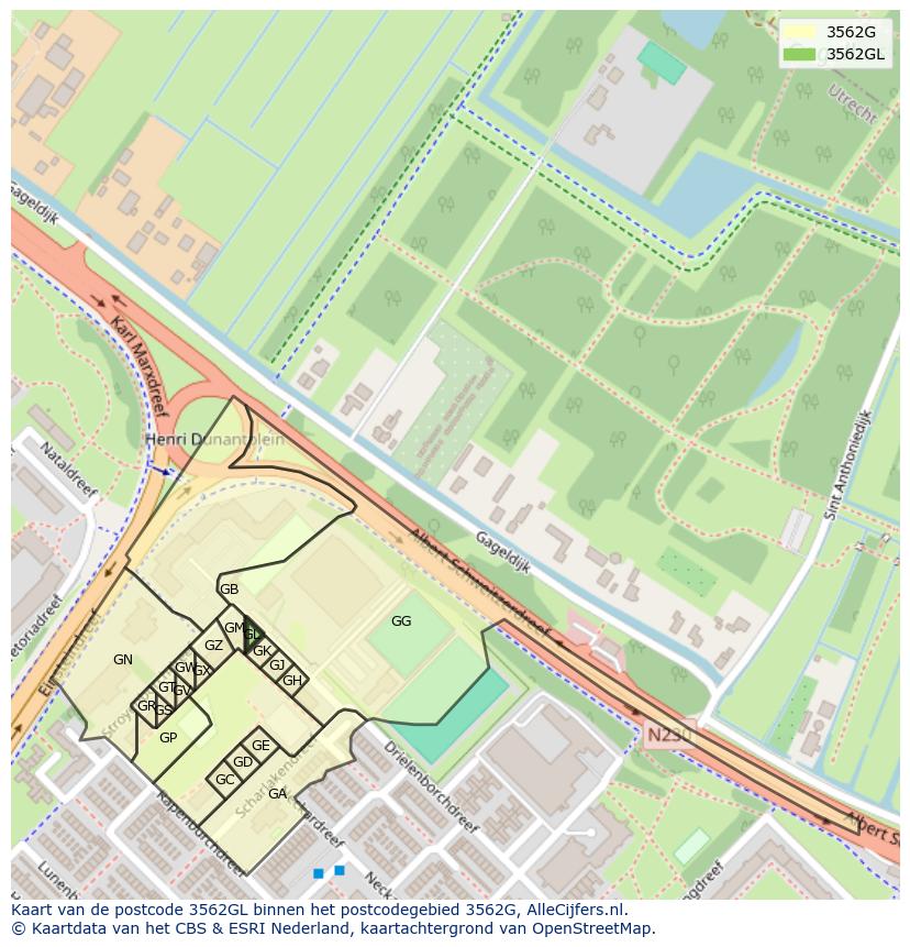 Afbeelding van het postcodegebied 3562 GL op de kaart.