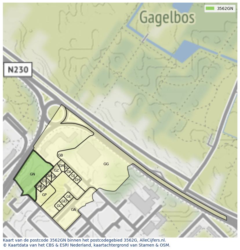 Afbeelding van het postcodegebied 3562 GN op de kaart.