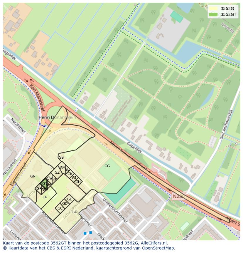 Afbeelding van het postcodegebied 3562 GT op de kaart.