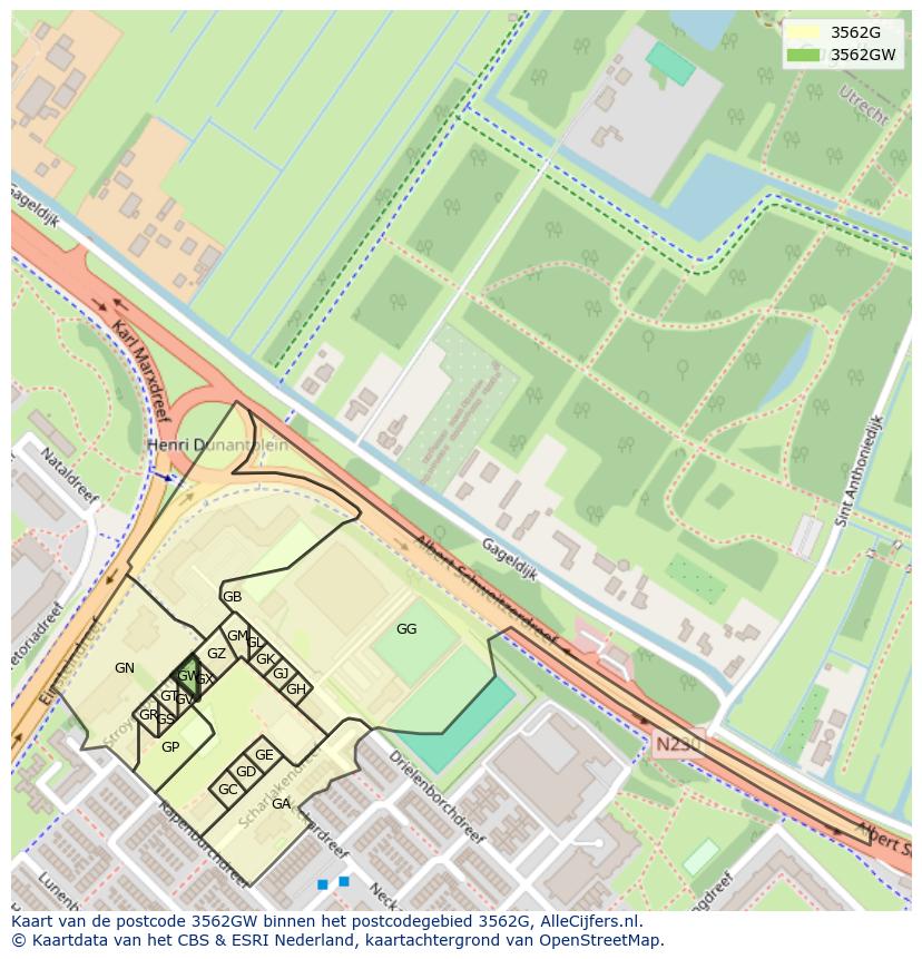 Afbeelding van het postcodegebied 3562 GW op de kaart.