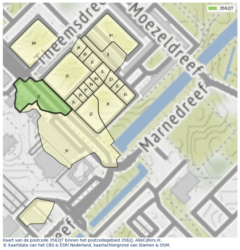 Afbeelding van het postcodegebied 3562 JT op de kaart.