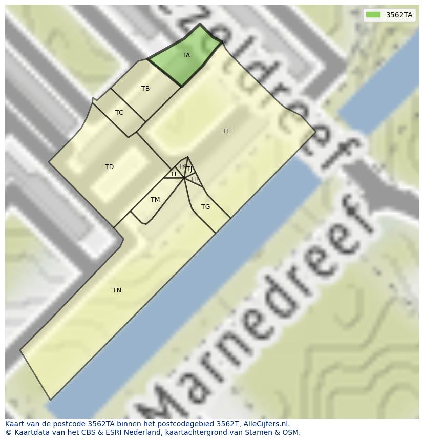 Afbeelding van het postcodegebied 3562 TA op de kaart.