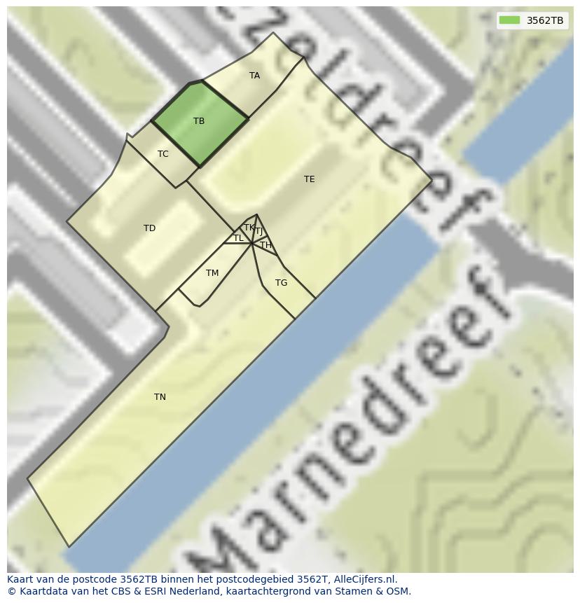 Afbeelding van het postcodegebied 3562 TB op de kaart.