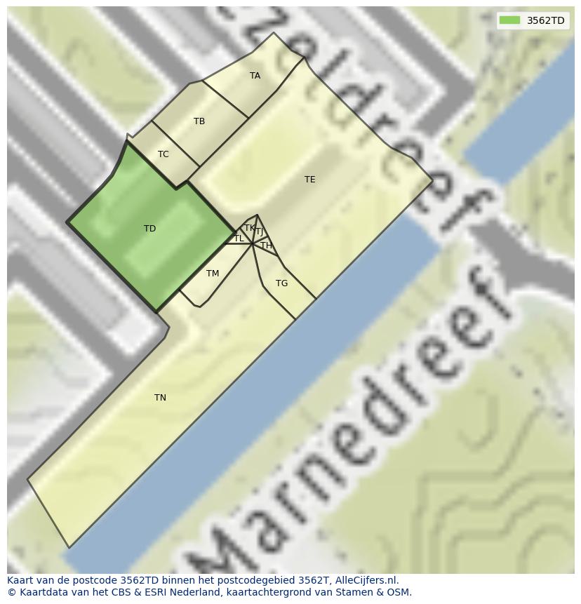 Afbeelding van het postcodegebied 3562 TD op de kaart.