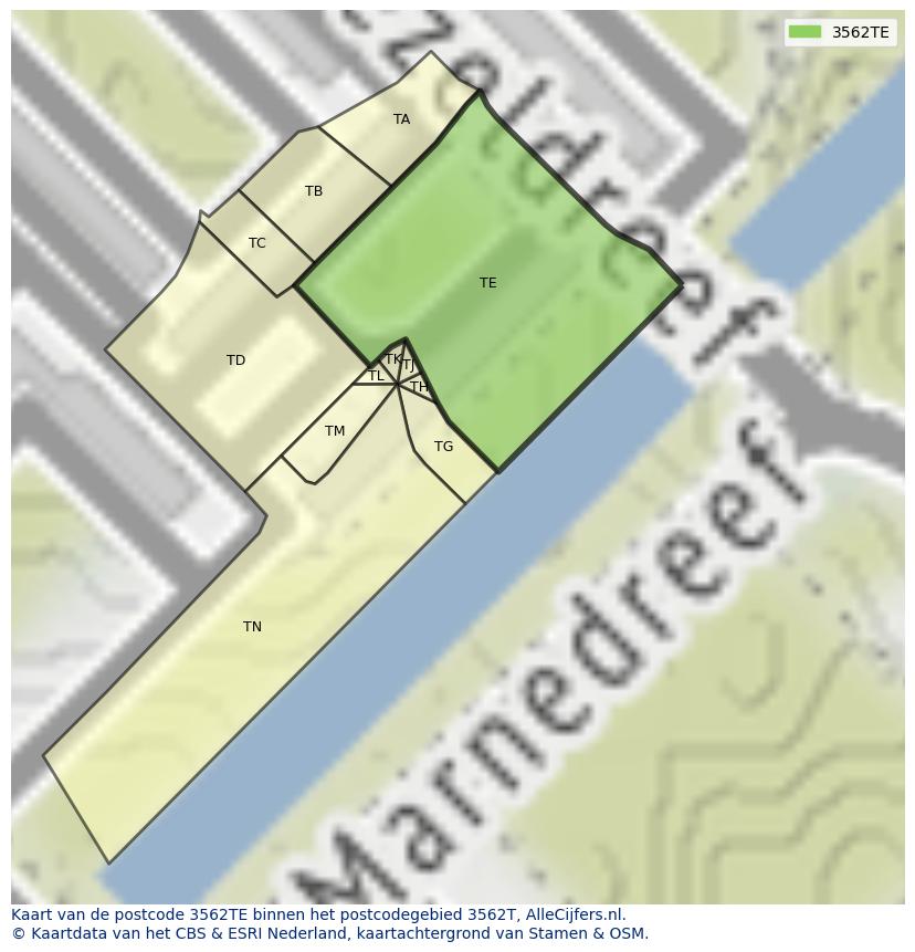 Afbeelding van het postcodegebied 3562 TE op de kaart.