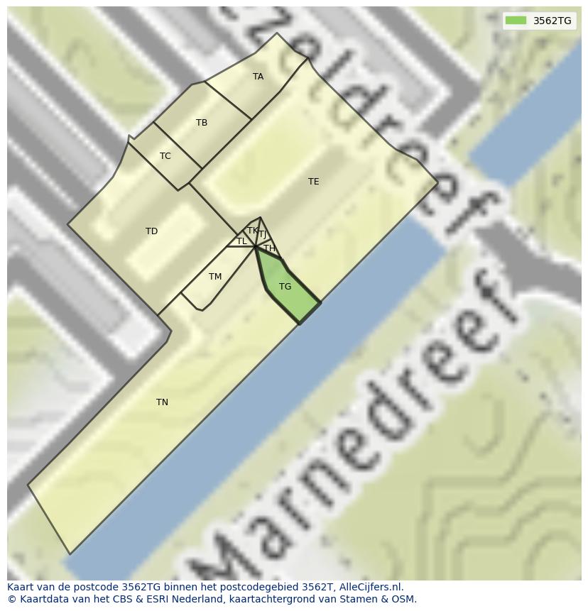 Afbeelding van het postcodegebied 3562 TG op de kaart.