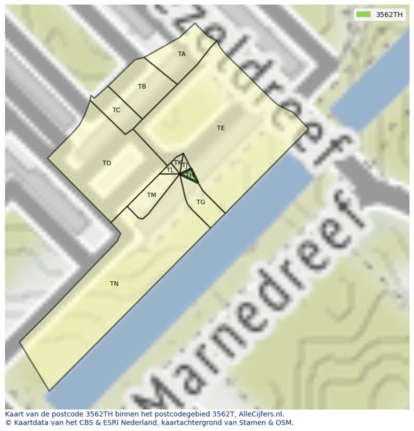 Afbeelding van het postcodegebied 3562 TH op de kaart.