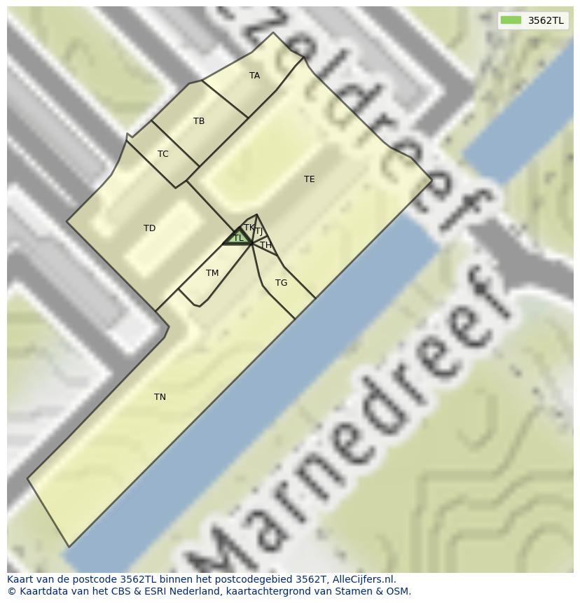 Afbeelding van het postcodegebied 3562 TL op de kaart.