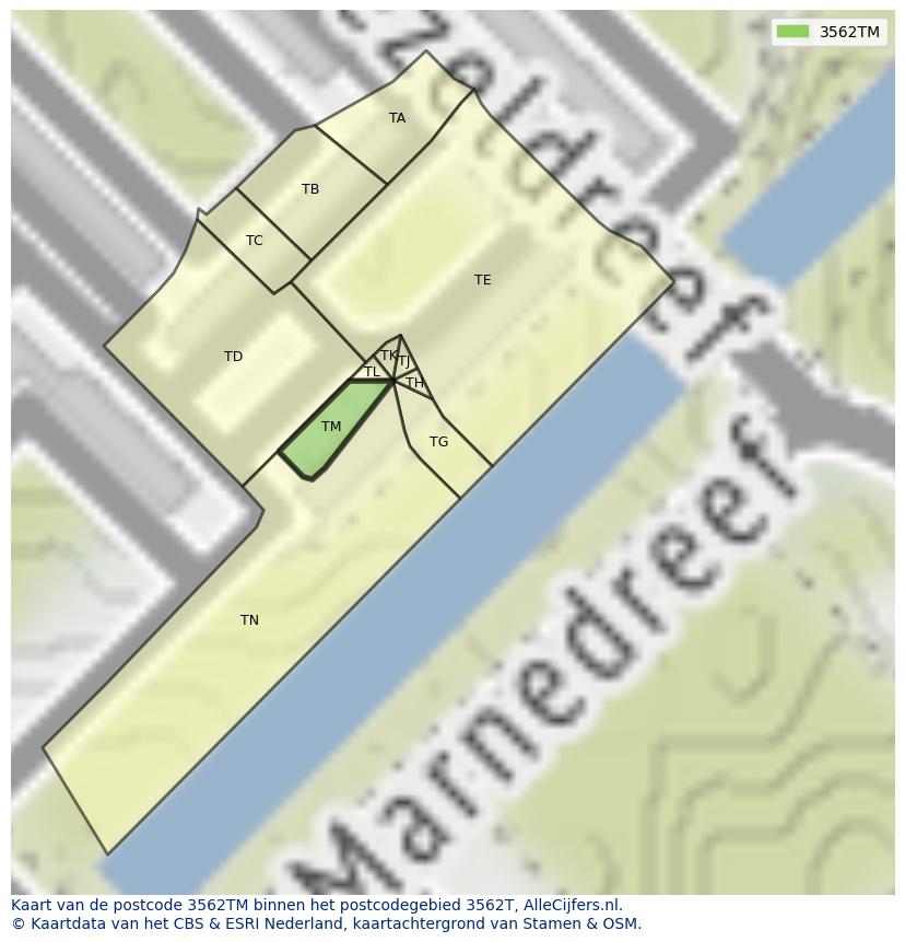 Afbeelding van het postcodegebied 3562 TM op de kaart.