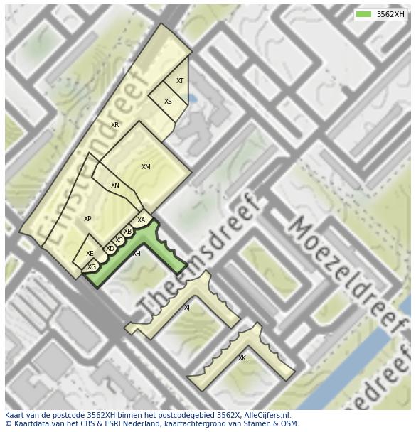 Afbeelding van het postcodegebied 3562 XH op de kaart.
