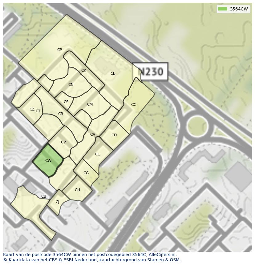 Afbeelding van het postcodegebied 3564 CW op de kaart.
