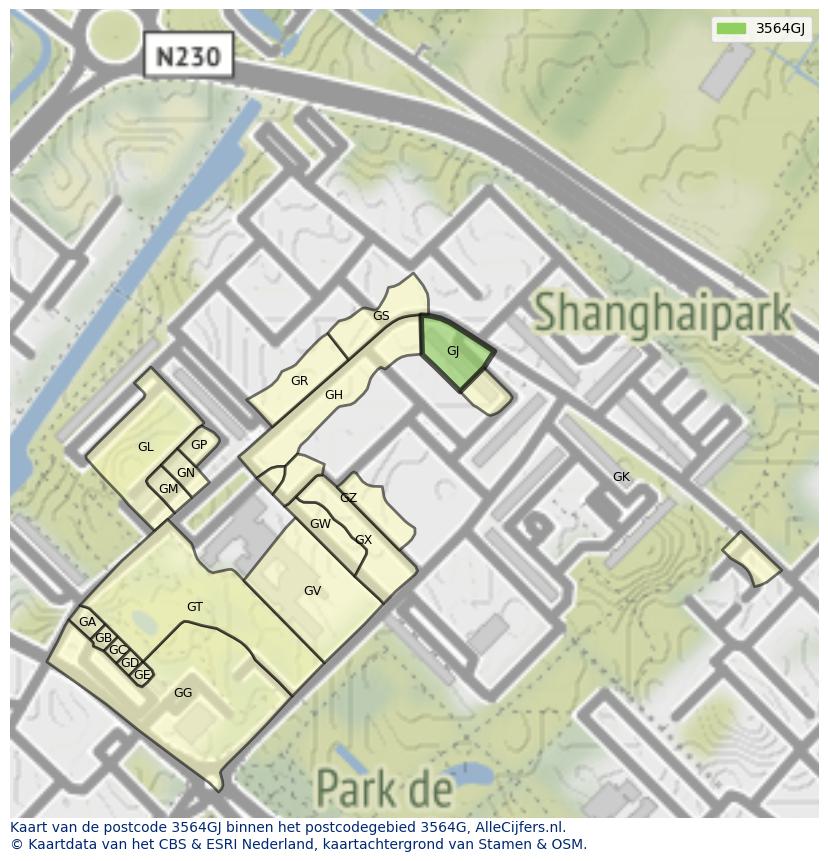 Afbeelding van het postcodegebied 3564 GJ op de kaart.