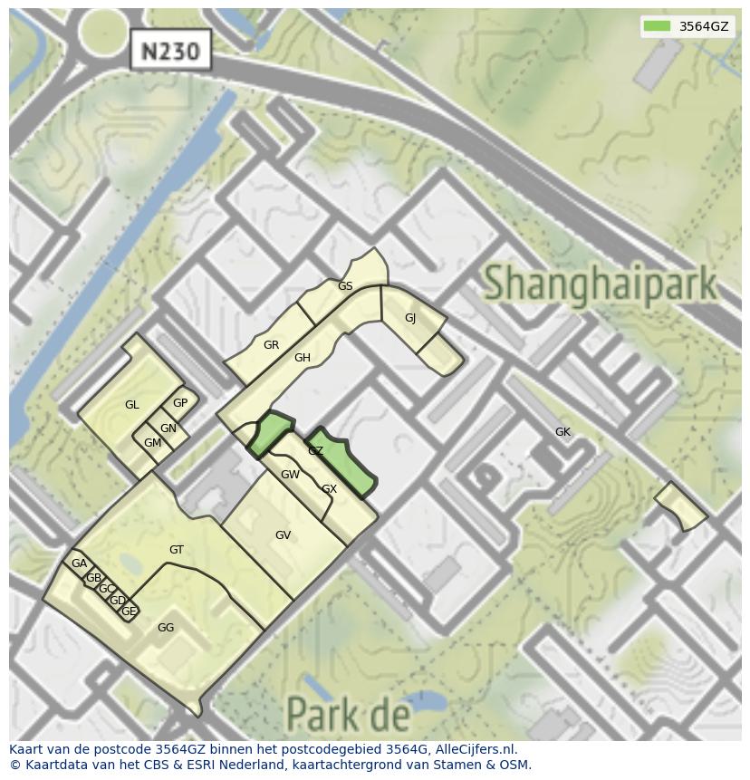 Afbeelding van het postcodegebied 3564 GZ op de kaart.