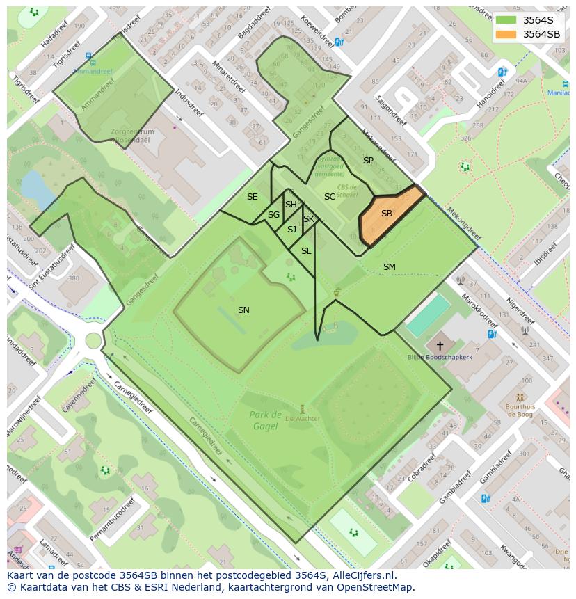 Afbeelding van het postcodegebied 3564 SB op de kaart.